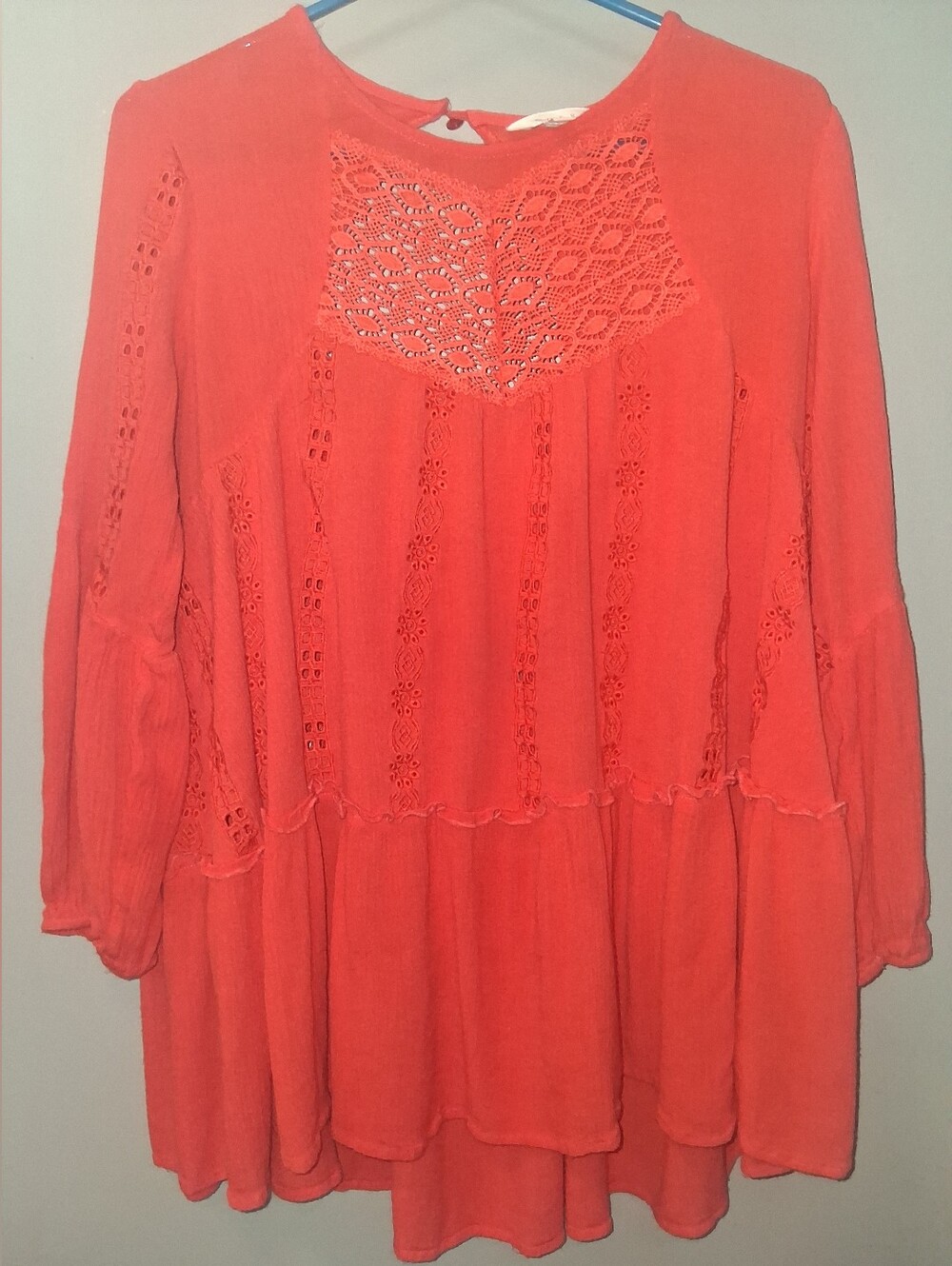 Adiva  orange peasant tunic top featuring intricate eyelet lace detailing Size M